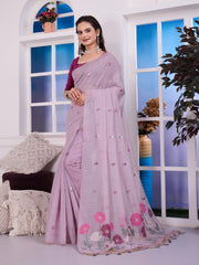 Giya Veil Lavender Muga Cotton Jamdani Saree With Contrast Blouse